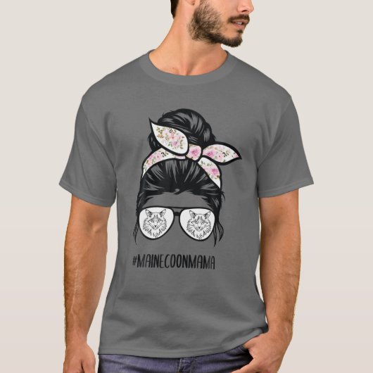 Maine Coon Cat Mam Messy Bun Hair Glasses T-shirt (Voorkant)