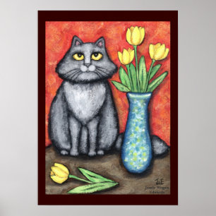 Maine Coon Cat met Tulps Art Print