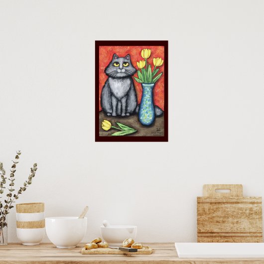 Maine Coon Cat met Tulps Art Print (Keuken)