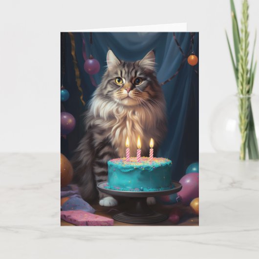 Maine Coon Cat met Verjaardagstaart Kaart (Voorkant)