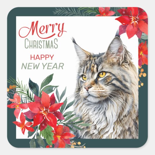 Maine Coon Cat Poinsettia Border Christmas Vierkante Sticker (Voorkant)