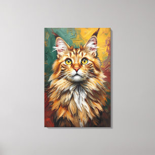 Maine Coon Cat Portret Levendige olieverfschilderi Canvas Afdruk