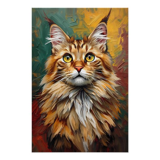 Maine Coon Cat Portret Levendige olieverfschilderi Perfect Poster (Voorkant)
