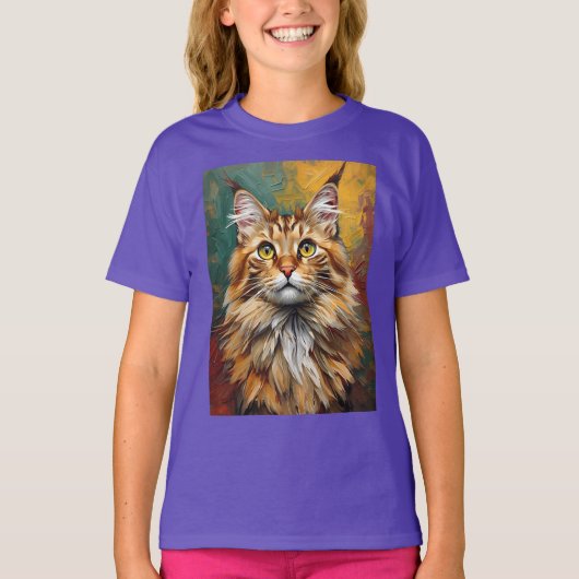Maine Coon Cat Portret Levendige olieverfschilderi T-shirt (Voorkant)
