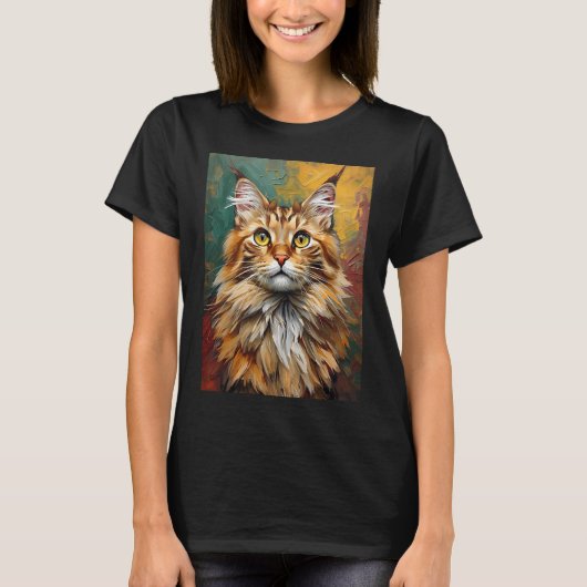 Maine Coon Cat Portret Levendige olieverfschilderi T-shirt (Voorkant)