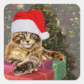 Maine Coon Cat Santa & Gifts Kerstmis Achter Vierkante Sticker (Voorkant)