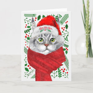 Maine Coon Cat Santa Hat Meowy Kerstmis Feestdagen Kaart