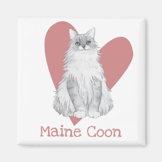 Maine Coon Cat Waterverf Kat Roze hart Magneet (Voorkant)