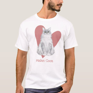 Maine Coon Cat Waterverf Kat Roze hart T-shirt