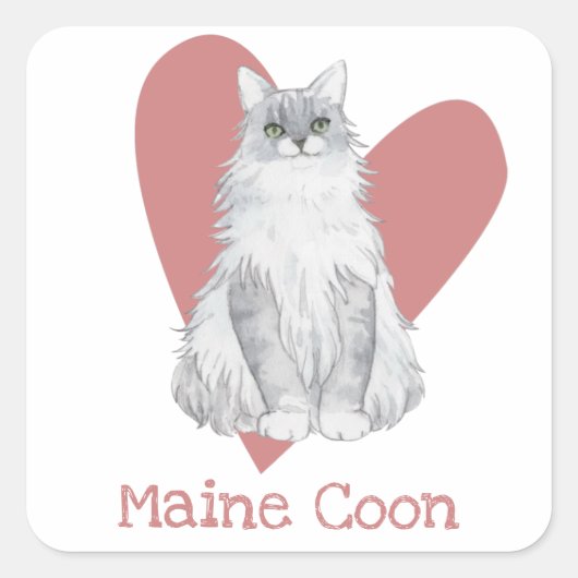 Maine Coon Cat Waterverf Kat Roze hart Vierkante Sticker (Voorkant)