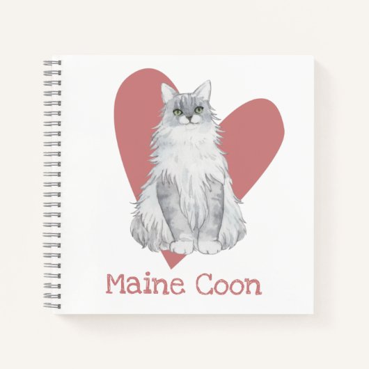 Maine Coon Cat Waterverf Kat Roze Heart Journal Notitieboek (Voorkant)
