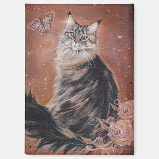 Maine coon cat with flowers art by Renee Magneet