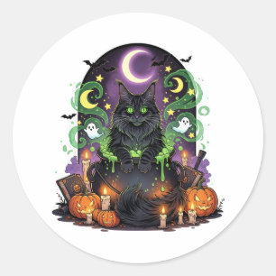Maine Coon Cauldron - Spooky Halloween Cat Ronde Sticker