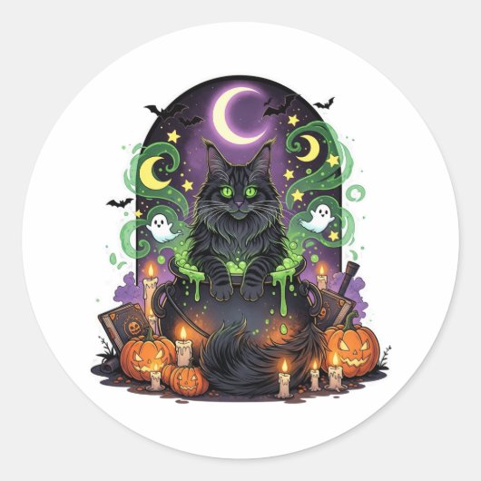 Maine Coon Cauldron - Spooky Halloween Cat Ronde Sticker (Voorkant)
