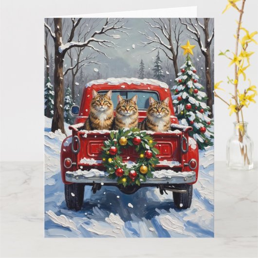 Maine Coon Christmas Red Truck Holiday Kaart (Gele Bloem)