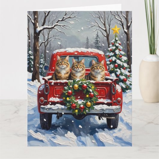 Maine Coon Christmas Red Truck Holiday Kaart (Voorkant)