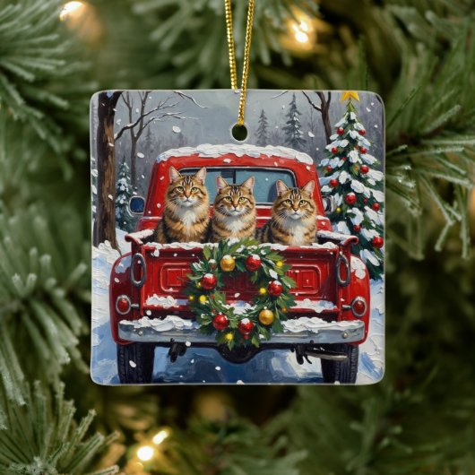 Maine Coon Christmas Red Truck Holiday Keramisch Ornament (Boom)