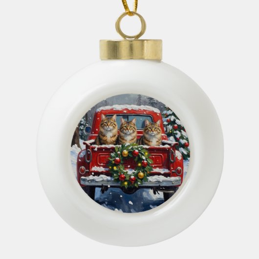 Maine Coon Christmas Red Truck Holiday Keramische Bal Ornament (Voorkant)