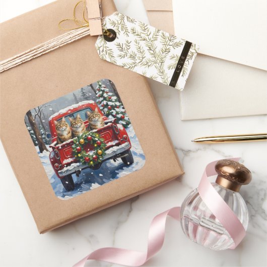 Maine Coon Christmas Red Truck Holiday Vierkante Sticker (Geschenken)