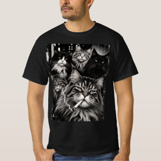 Maine Coon Crew Zwart en Wit Grunge Kat Kunst T-shirt