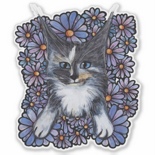 Maine Coon Dilute Calico Cat Paars Daisy Sticker (Voorkant)