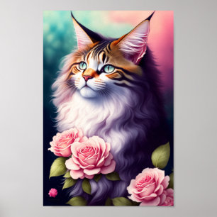 Maine Coon & Flowers Portret Poster
