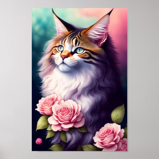  Maine Coon & Flowers Portret Poster (Voorkant)