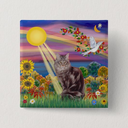 Maine Coon Kat 10 - Herfstzon Vierkante Button 5,1 Cm (Voorkant)