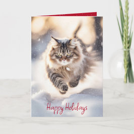 Maine Coon Kat Dast door de Sneeuw Feestdagen Kaart