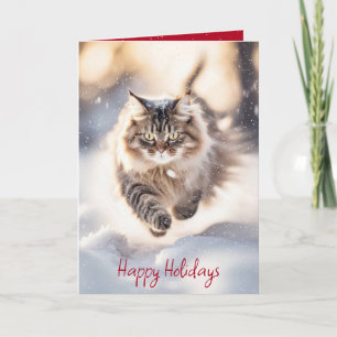 Maine Coon Kat Dast door de Sneeuw Feestdagen Kaart