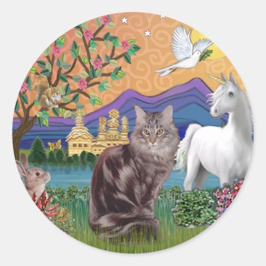 Maine Coon Kat - Fantasieland Ronde Sticker (Voorkant)
