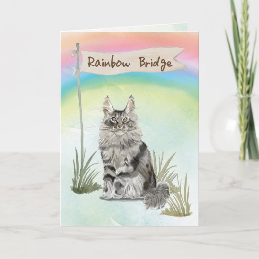 Maine Coon Kat Huisdier Troost Over Regenboogbrug Kaart (Voorkant)