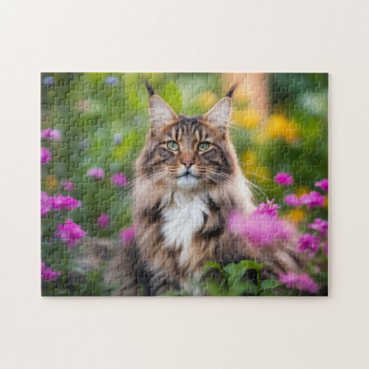 Maine Coon Kat in Bloemenveld Legpuzzel (Horizontaal)