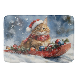 Maine Coon Kat in Sledge Laat het Sneeuw Kerstmis Badmat