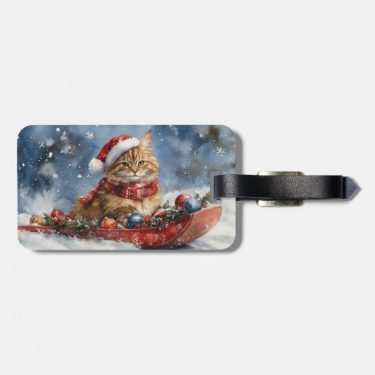 Maine Coon Kat in Sledge Laat het Sneeuw Kerstmis Bagagelabel (Achterkant horizontaal)