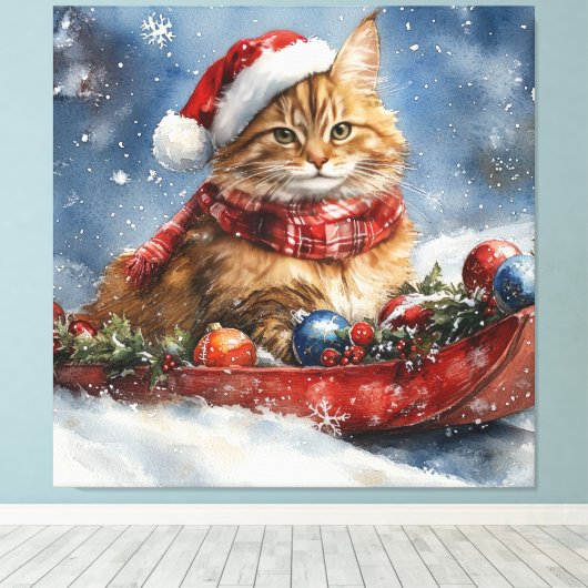 Maine Coon Kat in Sledge Laat het Sneeuw Kerstmis Canvas Afdruk (Insitu (Houten vloer))