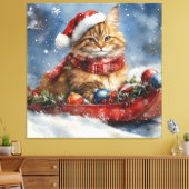 Maine Coon Kat in Sledge Laat het Sneeuw Kerstmis Canvas Afdruk (Insitu (Woonkamer))