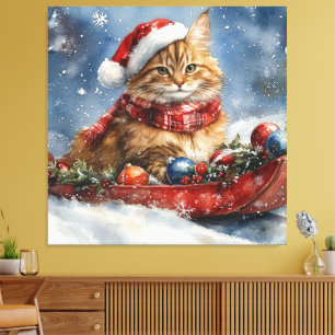 Maine Coon Kat in Sledge Laat het Sneeuw Kerstmis Canvas Afdruk