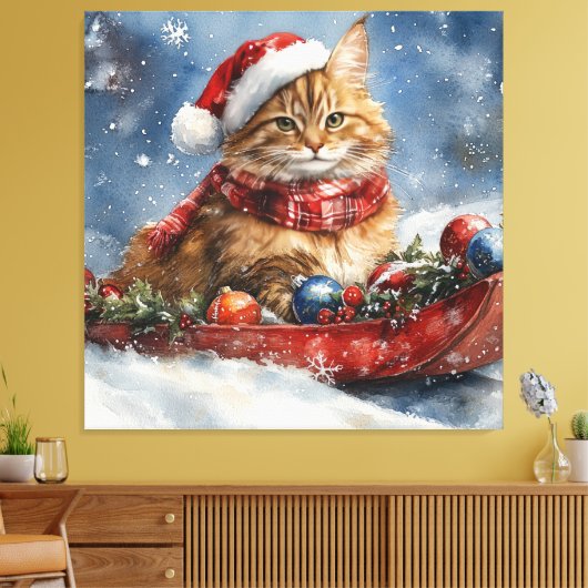 Maine Coon Kat in Sledge Laat het Sneeuw Kerstmis Canvas Afdruk (Insitu (Woonkamer))