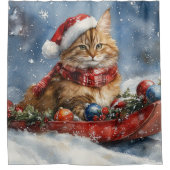 Maine Coon Kat in Sledge Laat het Sneeuw Kerstmis Douchegordijn (Voorkant)