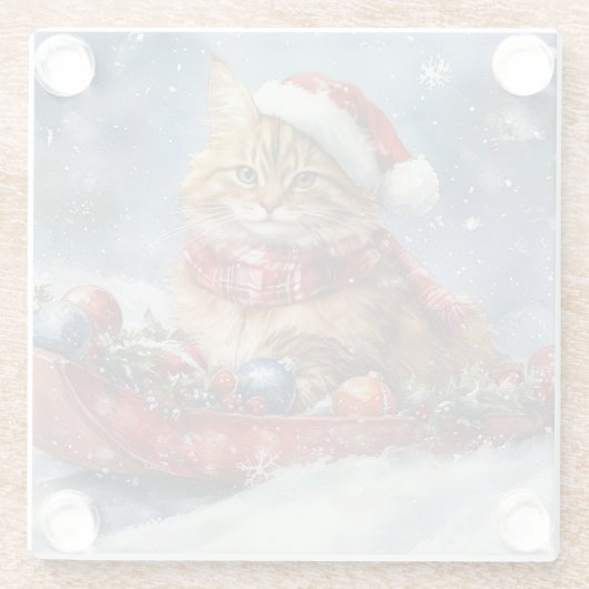 Maine Coon Kat in Sledge Laat het Sneeuw Kerstmis Glazen Onderzetter (Achterkant)