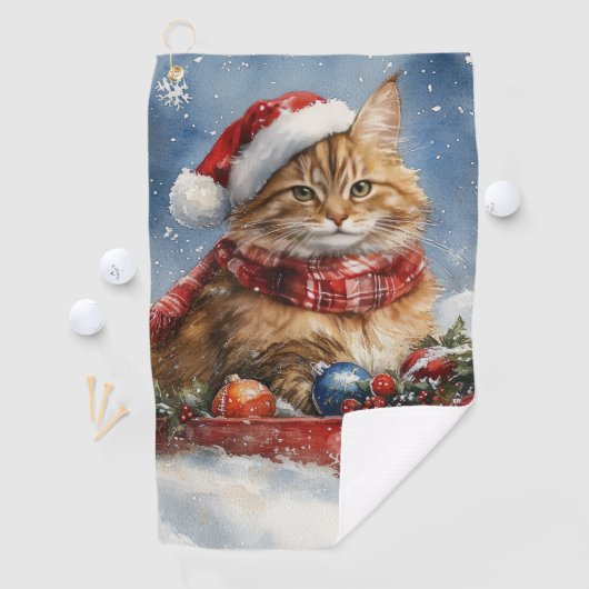 Maine Coon Kat in Sledge Laat het Sneeuw Kerstmis Golfhanddoek (Insitu)