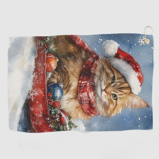 Maine Coon Kat in Sledge Laat het Sneeuw Kerstmis Golfhanddoek (Horizontaal)