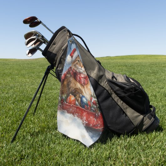 Maine Coon Kat in Sledge Laat het Sneeuw Kerstmis Golfhanddoek (Groen)