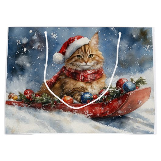 Maine Coon Kat in Sledge Laat het Sneeuw Kerstmis Groot Cadeauzakje (Voorkant)