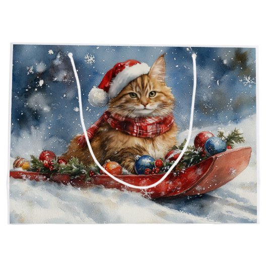 Maine Coon Kat in Sledge Laat het Sneeuw Kerstmis Groot Cadeauzakje (Achterkant)