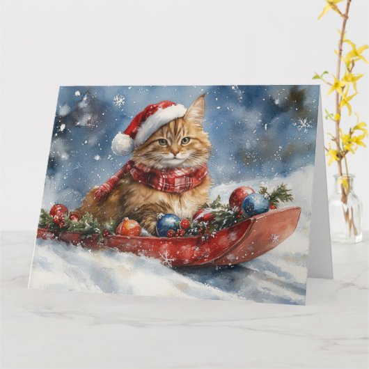 Maine Coon Kat in Sledge Laat het Sneeuw Kerstmis Kaart (Gele Bloem)