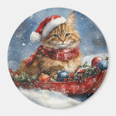Maine Coon Kat in Sledge Laat het Sneeuw Kerstmis Magneet (Voorkant)