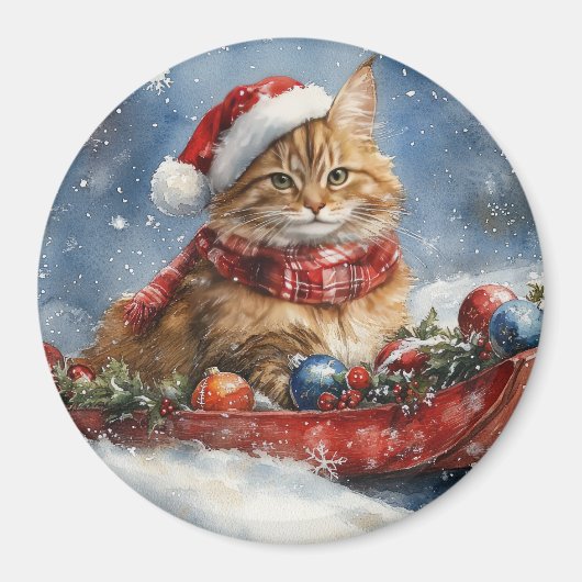 Maine Coon Kat in Sledge Laat het Sneeuw Kerstmis Magneet (Voorkant)