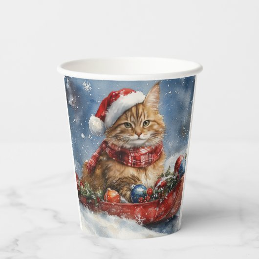 Maine Coon Kat in Sledge Laat het Sneeuw Kerstmis Papieren Bekers (Achterkant)